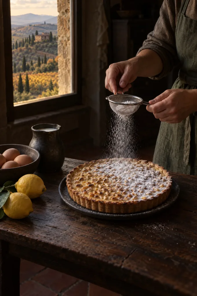 Handen van de kok bestuiven torta della nonna met poedersuiker in een donkere keuken bij het raam, met uitzicht op Toscane