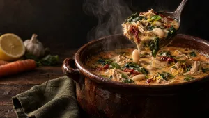 Toscaanse kippensoep in een aardewerken pan op tafel in Toscane in oktober, met cannellinibonen, spinazie en citroen