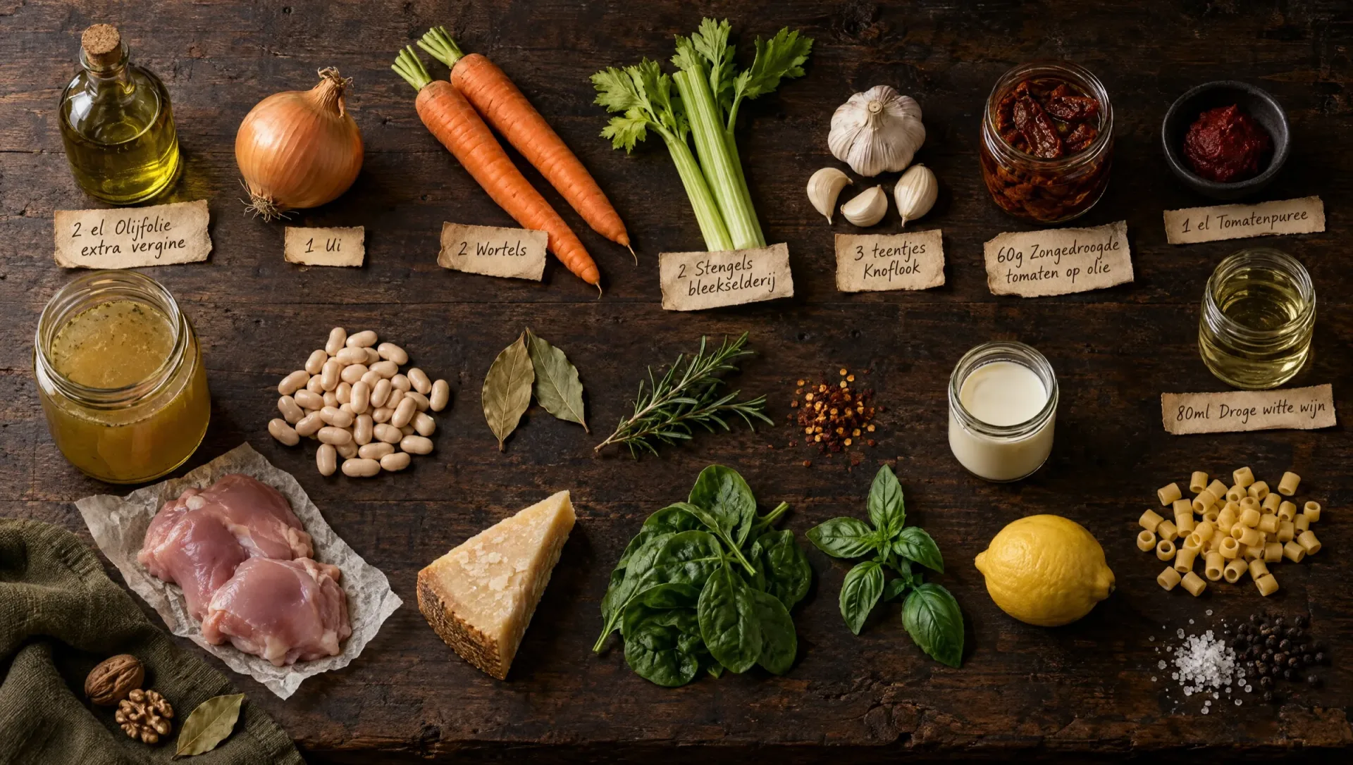 Ingrediënten voor Toscaanse kippensoep: kippendij, cannellinibonen, zongedroogde tomaat, wortel, spinazie en Parmigiano