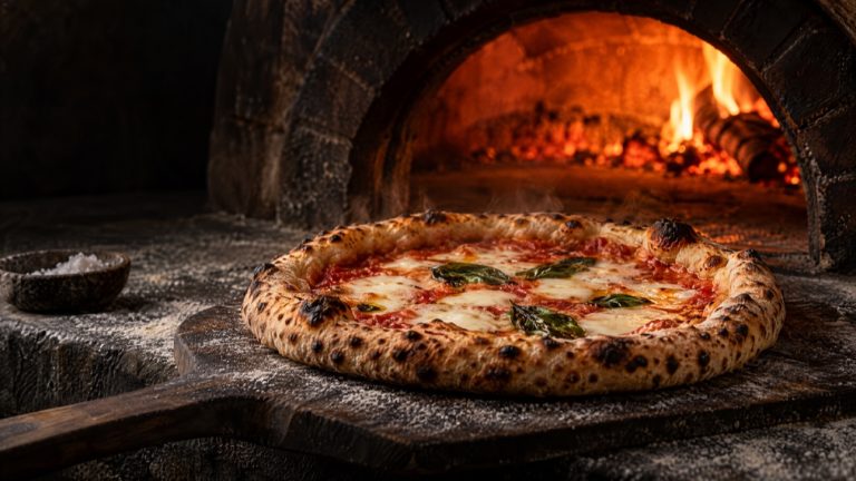 Zelfgemaakte pizza met tomatensaus, gesmolten mozzarella en basilicum op een pizzasteen voor de gloed van een houtoven