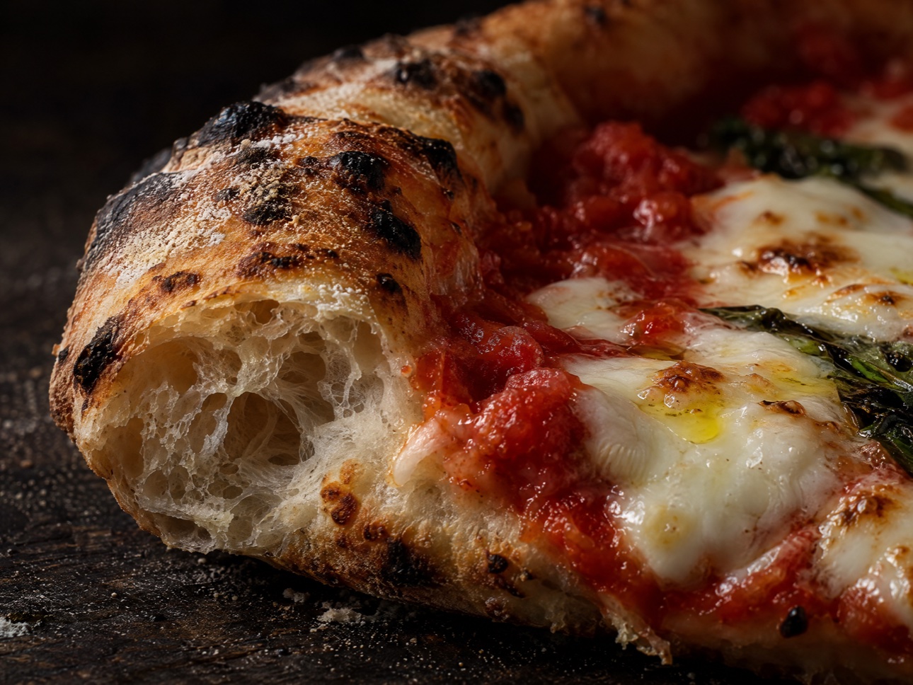 Zelf pizza maken: close-up van de luchtige, gevlekte rand met gesmolten mozzarella en tomatensaus