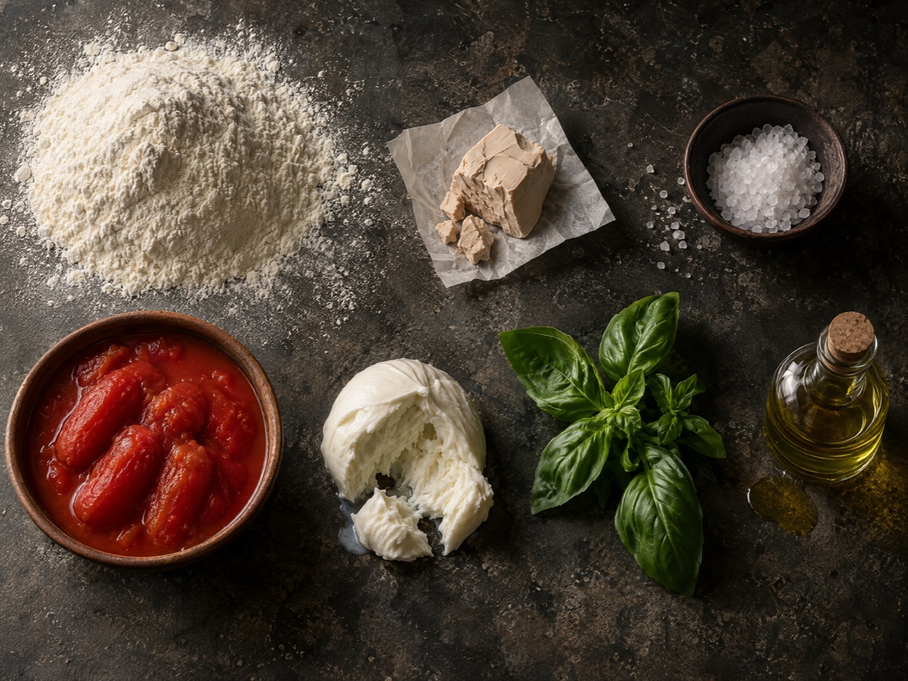 Bloem, gist, gepelde tomaten en mozzarella om zelf pizza maken te beginnen, op een donker werkblad