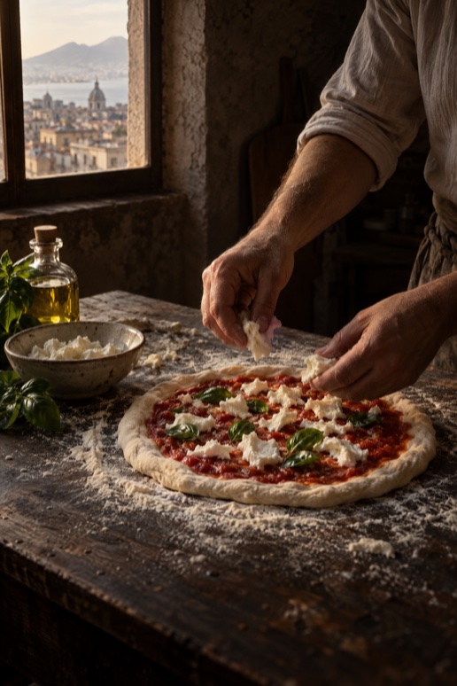 Zelf pizza maken: handen beleggen het deeg met mozzarella en basilicum op een bestoven werkblad