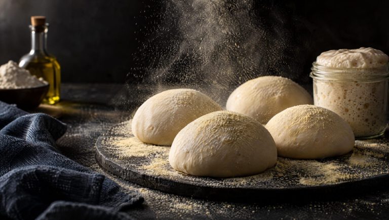 Vier deegballen zuurdesem pizzadeeg op een met semola bestoven werkblad, met een pot actieve lievito madre ernaast