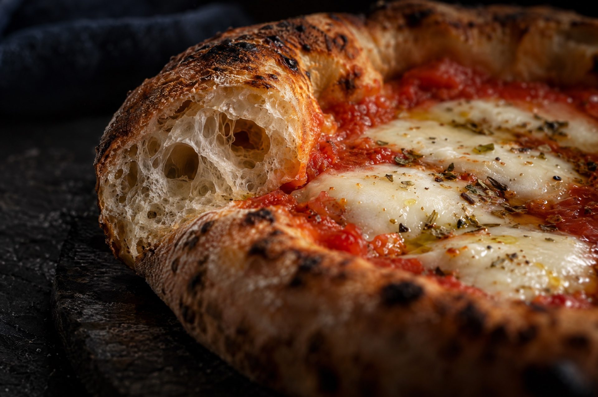 Close-up van een pizza van zuurdesem pizzadeeg met een gebolde, goudbruine korst vol luchtbellen en gesmolten mozzarella