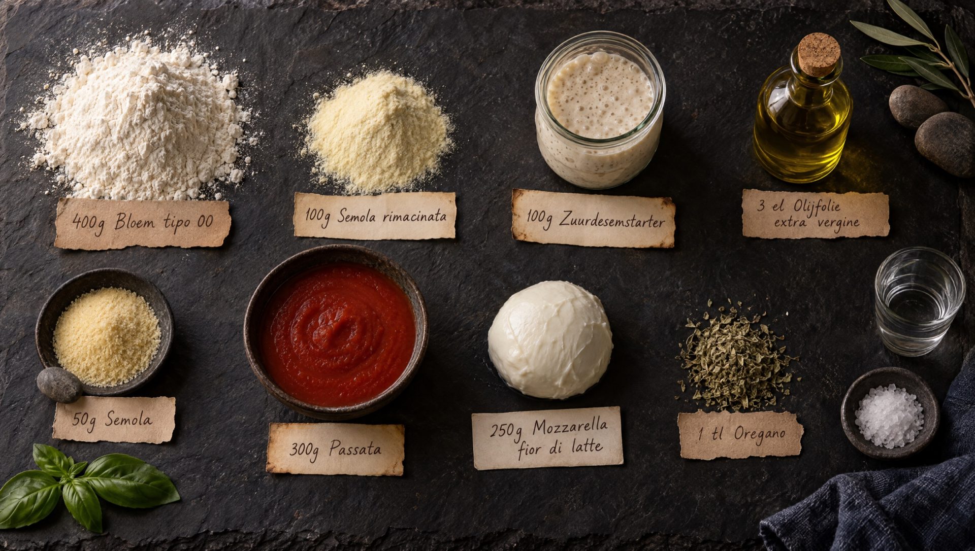 Ingrediënten voor zuurdesem pizzadeeg: tipo 00, semola, lievito madre, olijfolie, passata, mozzarella en oregano