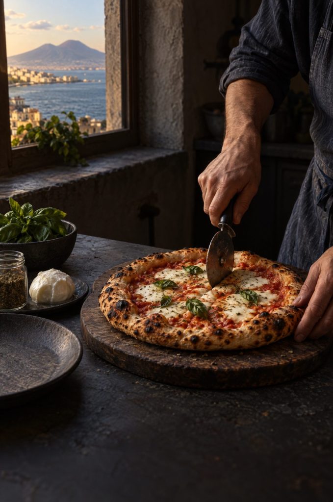 Handen snijden een pizza van zuurdesem pizzadeeg met een pizzaroller op een houten plank op een donkere tafel