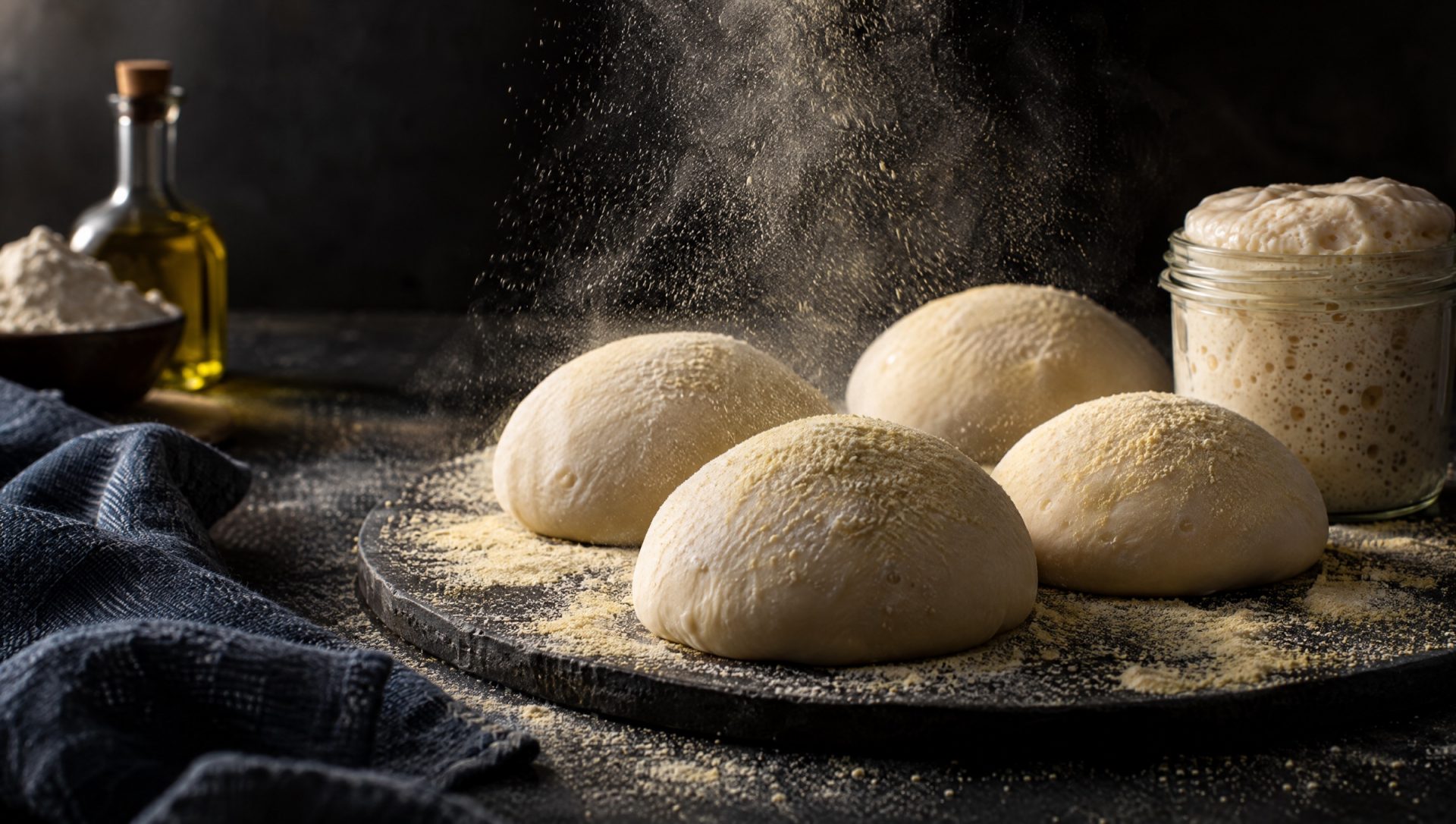 Vier deegballen zuurdesem pizzadeeg op een met semola bestoven werkblad, met een pot actieve lievito madre ernaast